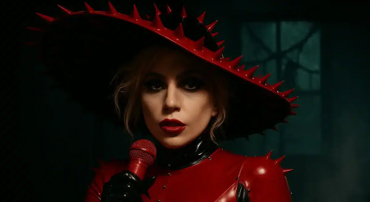 Lady Gaga wearing a red spiked outfit and hat, holding a red microphone in a moody, dark room