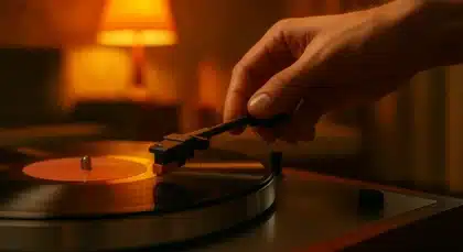 Hand placing the needle on a vinyl record player in a warm, vintage-lit room