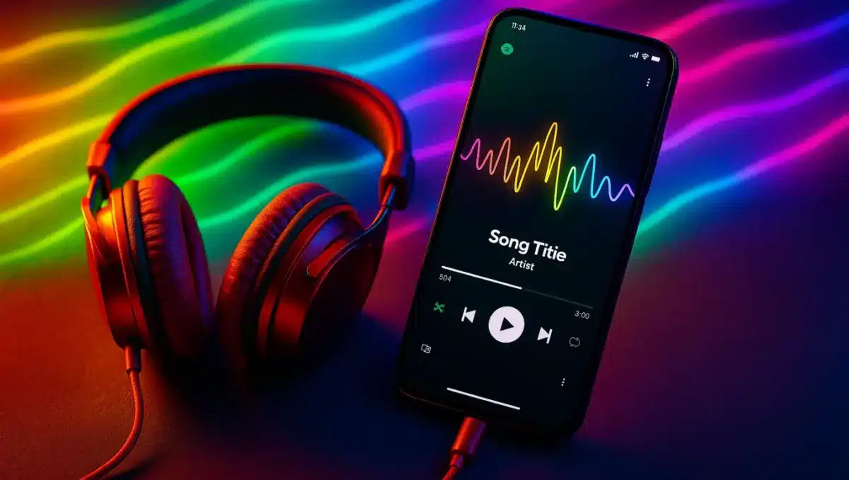 Smartphone displaying Spotify music player with colorful soundwave and wired headphones on neon background.