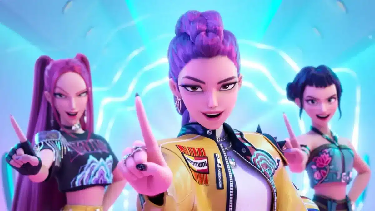 Animated characters from Netflix’s K-Pop Demon Hunters, featuring a vibrant K-pop inspired girl group in colorful outfits.