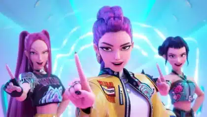 Animated characters from Netflix’s K-Pop Demon Hunters, featuring a vibrant K-pop inspired girl group in colorful outfits.