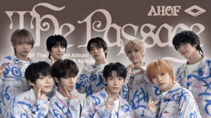 AHOF members posing together in denim outfits with graffiti designs, promoting their second mini-album “The Passage” against a stylized brown backdrop featuring the album title.