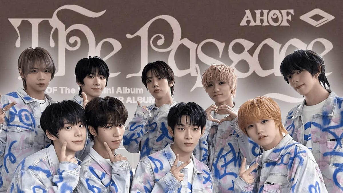 AHOF members posing together in denim outfits with graffiti designs, promoting their second mini-album “The Passage” against a stylized brown backdrop featuring the album title.
