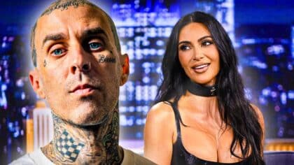 Close-up of Travis Barker and Kim Kardashian during separate public appearances, used in coverage about Kim denying long-standing rumors of a past relationship with the musician.