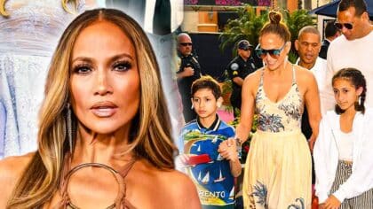 Jennifer Lopez poses elegantly at a public event with her family, blending glamour and warmth in a candid group moment.