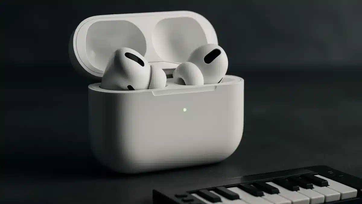 Close-up of Apple AirPods Pro in a white charging case with green LED indicator light, placed beside a keyboard.