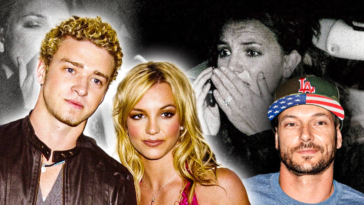 Britney Spears with Justin Timberlake and Kevin Federline in a photo collage about her past relationships