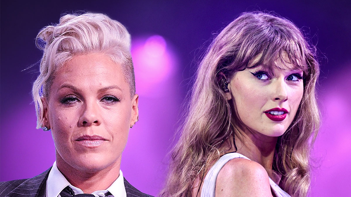 Two female pop stars on stage, close-up portraits under purple lights.